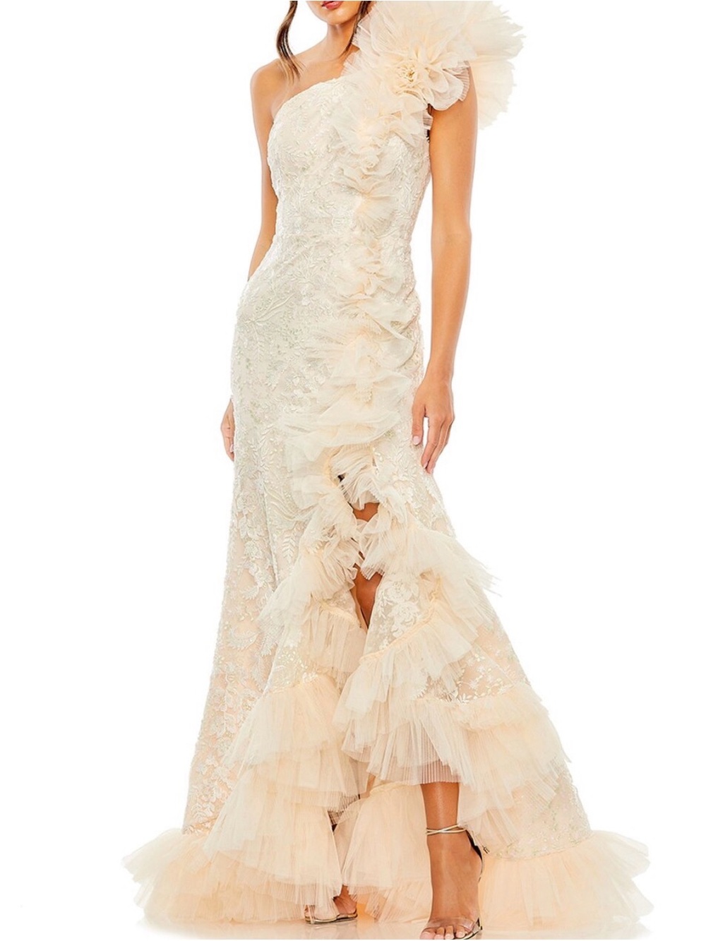 Mac Duggal One-Shoulder Ivory/Blush Tulle Ruffle Gown